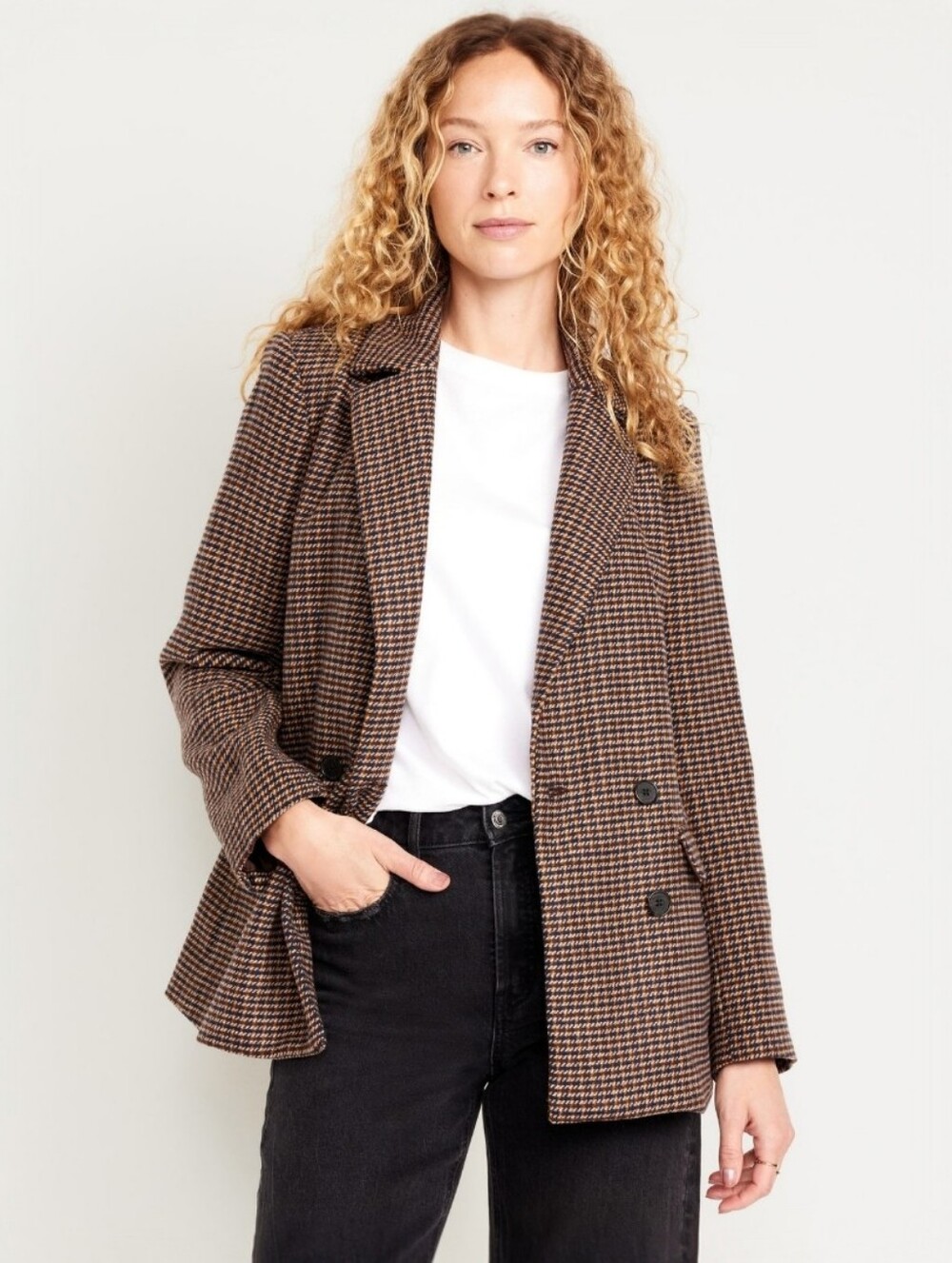 Old Navy Plaid Brown Blazer XXL Boxy Oversized Relaxed Fit Pockets 